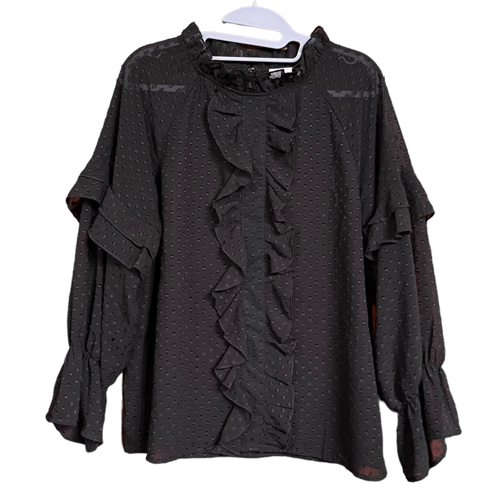 JJ's Fairyland Black Swiss Dot Chiffon Long Sleeve Ruffle Blouse Size M